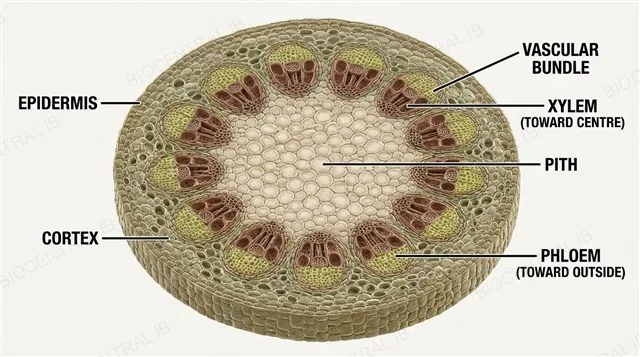 A transverse section of a dicotyledonous stem showing an outer epidermis, a cortex, a ring of vascular bundles each with xylem toward the centre and phloem toward the outside, and a central pith, labeled
