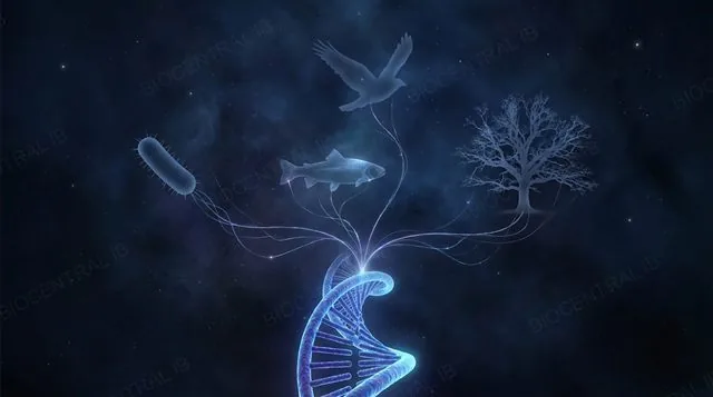 A single glowing DNA helix branching outward into silhouettes of different life forms