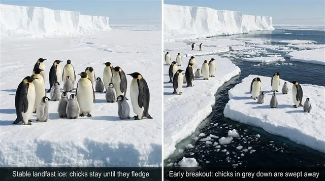 Two scenes of emperor penguins: on the left, adults and grey chicks on stable landfast ice; on the right, after an early breakout, the ice has split into drifting slabs with open water between them and chicks in grey down are stranded on the floating pieces