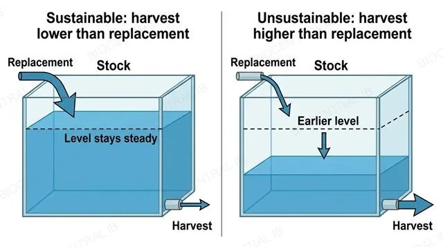 Two tanks representing a stock: in the first, replacement inflow is larger than harvest outflow and the level stays high; in the second, harvest outflow is larger and the level falls