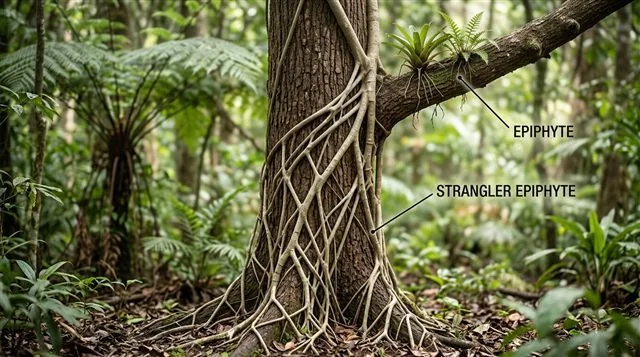 A host tree trunk with a strangler fig's aerial roots wrapped around and descending to the ground labeled strangler epiphyte, and smaller plants rooted directly on a branch higher up labeled epiphyte