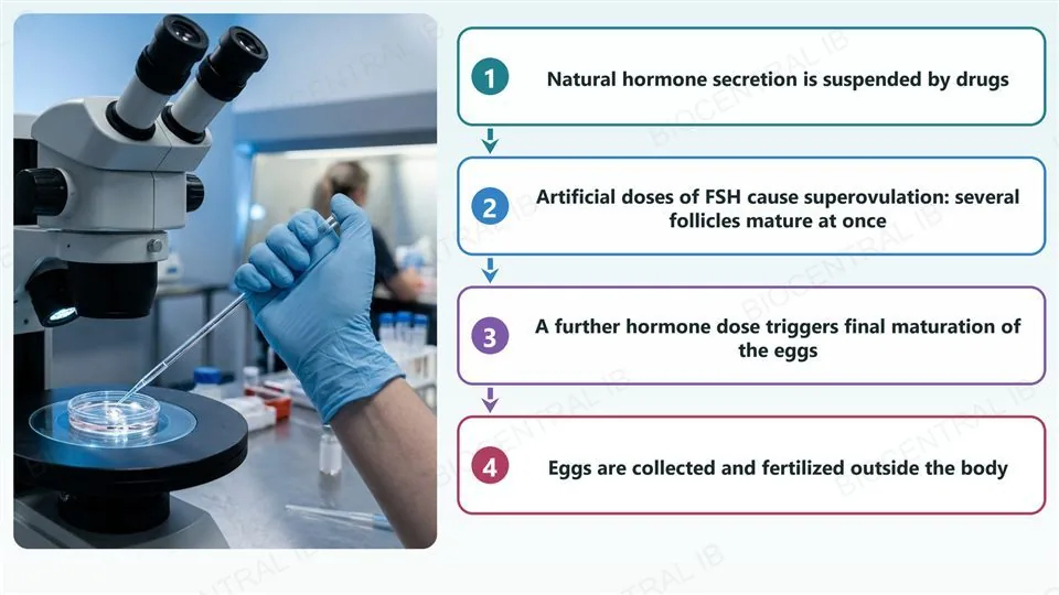 A photograph of a gloved hand holding a glass pipette over a culture dish under a stereo microscope in a fertility laboratory, beside a four-step flow chart: 1 the natural hormone secretion is suspended; 2 artificial FSH causes superovulation; 3 a further hormone dose triggers final egg maturation; 4 eggs are collected and fertilized outside the body.