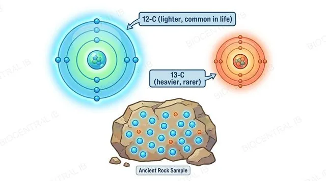 Comparison of lighter carbon-12 and heavier carbon-13 isotopes, with an ancient rock sample
