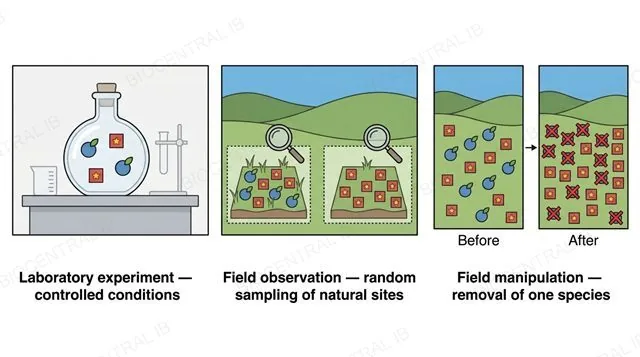 A flat three-panel diagram: a sealed container with two species on a lab bench labeled laboratory experiment controlled conditions, a landscape with two sites compared under a magnifying glass labeled field observation random sampling, a field shown before and after one species is removed labeled field manipulation removal of one species