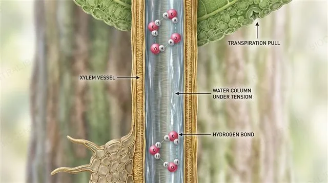 Cross-section of a plant xylem vessel showing an unbroken column of water molecules linked by hydrogen bonds, under tension as it is pulled upward toward a leaf