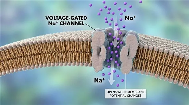 A voltage-gated sodium channel in a neuron's axon opening in response to a change in membrane potential, with Na+ flowing in, labeled