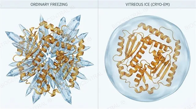 Diagram illustrating cryo-EM: a specimen flash-frozen in vitreous ice, preserving its natural molecular shape, compared with ice-crystal damage from ordinary freezing