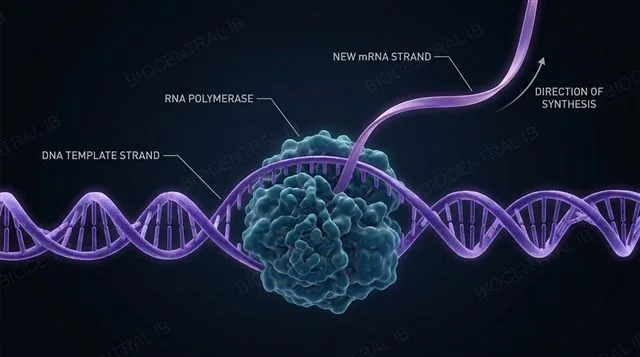 An mRNA strand being synthesized along a DNA template strand, with RNA polymerase shown building the new strand