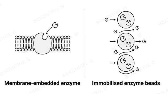 Two labeled panels: left panel showing an enzyme molecule embedded fixed within a cell membrane with a small substrate molecule diffusing toward it, labeled membrane-embedded enzyme; right panel showing spherical alginate beads containing trapped enzyme molecules with substrate flowing past in a column, labeled immobilised enzyme beads