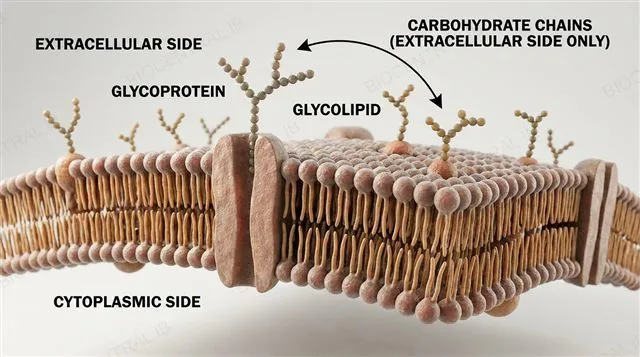 A glycoprotein and a glycolipid in a membrane, with carbohydrate chains projecting into the extracellular side, labeled with their recognition and adhesion roles