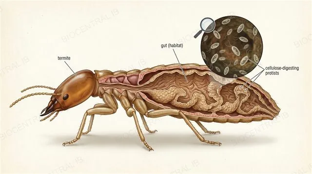 Cutaway diagram of a termite showing cellulose-digesting protists living inside its gut, illustrating that a habitat can be another organism's body, labeled
