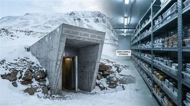 Svalbard Global Seed Vault entrance built into an Arctic mountainside, with rows of stored seed sample boxes on cold storage shelving visible inside