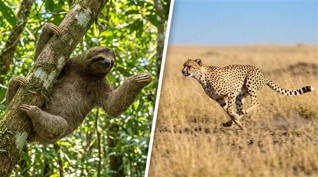 A three-toed sloth climbing slowly through a tree beside a fast-running mammal, contrasting movement speed as a spectrum, photorealistic