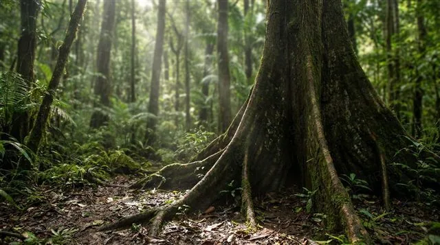 A tall tropical rainforest tree trunk with large flaring buttress roots spreading out at its base above the forest floor, photorealistic