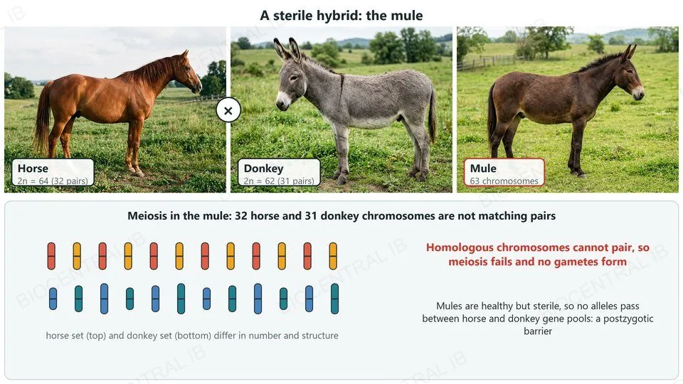 Photographs of a horse (2n = 64), a donkey (2n = 62) and their hybrid, the mule (63 chromosomes). Below, the horse and donkey chromosome sets differ in number and structure, so they cannot pair in meiosis and the mule is sterile