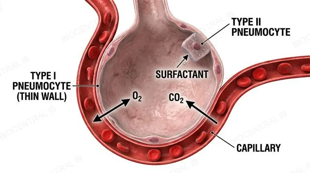 A single alveolus cross-section wrapped in capillaries, with a thin type I pneumocyte wall, a type II pneumocyte secreting surfactant, and arrows showing O2 diffusing into the capillary and CO2 diffusing out, labeled