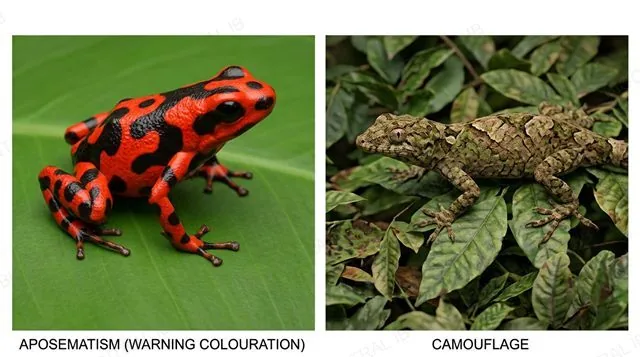 A brightly coloured poison-dart-frog-like animal labeled aposematism next to a mottled, leaf-patterned animal that blends into its background labeled camouflage