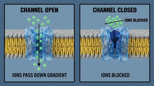 A channel protein open and letting ions pass down their gradient, compared with the same channel closed and blocking the ions, labeled