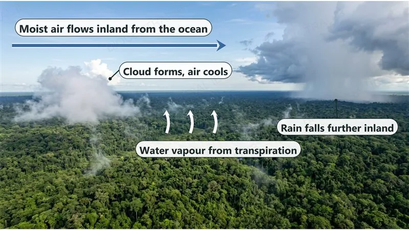 An aerial photograph of Amazon rainforest with labelled arrows: moist air flows inland from the ocean, a cloud forms and the air cools, water vapour rises from the trees by transpiration, and rain falls further inland