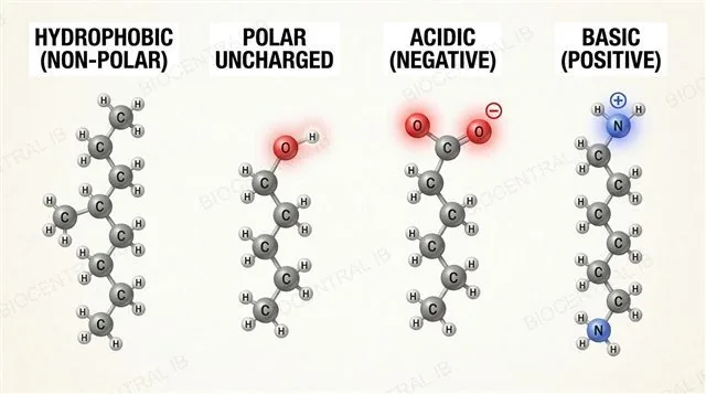 Classification of amino acid R-groups into non-polar hydrophobic, polar uncharged, and charged acidic or basic, with special cases cysteine, glycine and proline labeled