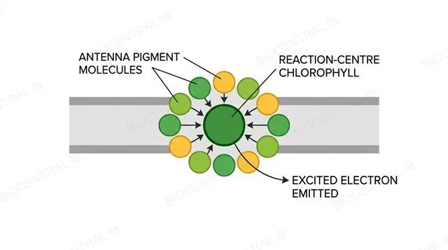Diagram of a photosystem showing antenna pigment molecules funnelling light energy inward to a reaction-centre chlorophyll that emits an excited electron, labeled