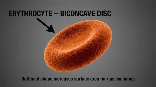 A red blood cell shown as a flattened biconcave disc from the side, labeled to show its increased surface area