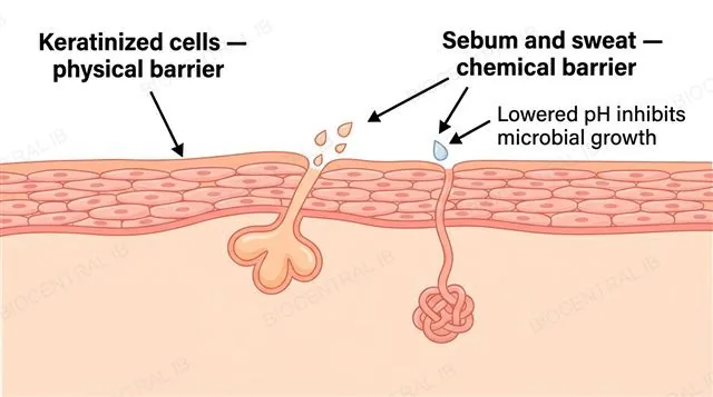 A flat cross-section diagram of skin showing a keratinized cell layer and a sebaceous gland secreting sebum onto the surface, labeled Keratinized cells physical barrier, Sebum and sweat chemical barrier, and Lowered pH inhibits microbial growth