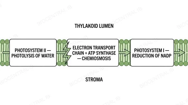 Diagram of the thylakoid membrane showing photosystem II photolysis, the electron transport chain and ATP synthase chemiosmosis, and photosystem I NADP reduction in sequence, labeled