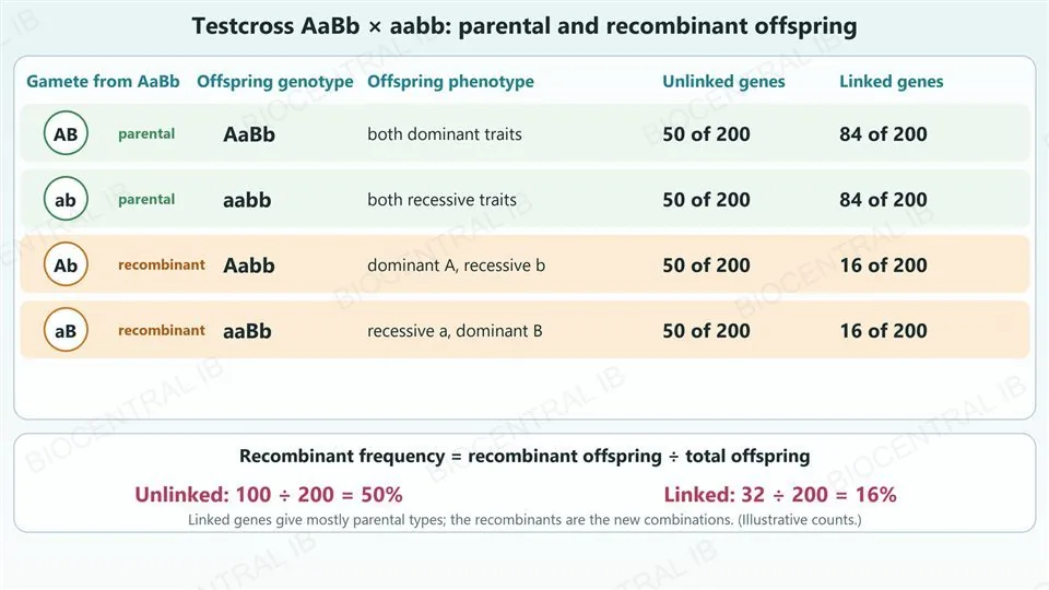 A table for a testcross of AaBb with aabb showing the gamete from AaBb, the offspring genotype, the offspring phenotype and the counts out of 200 for unlinked and linked genes. Parental rows: AB gives AaBb with both dominant traits (50 unlinked, 84 linked) and ab gives aabb with both recessive traits (50 and 84). Recombinant rows: Ab gives Aabb (50 and 16) and aB gives aaBb (50 and 16). The recombinant frequency is 100 out of 200, 50 percent, for unlinked genes and 32 out of 200, 16 percent, for linked genes.