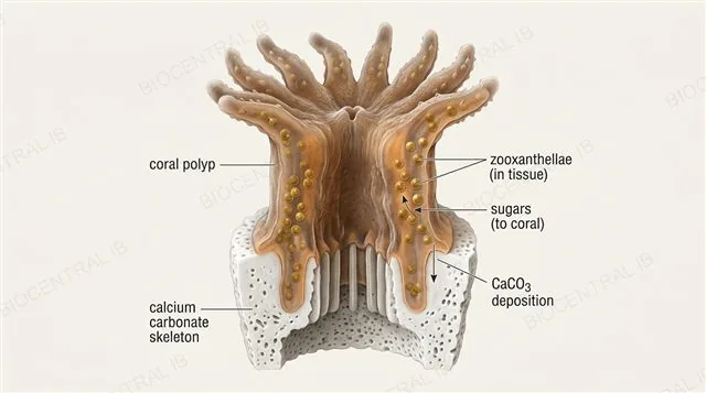 Cross-section of a coral polyp showing photosynthetic zooxanthellae living in its tissue, with arrows showing sugars passing from zooxanthellae to coral and the coral depositing a calcium carbonate skeleton, labeled