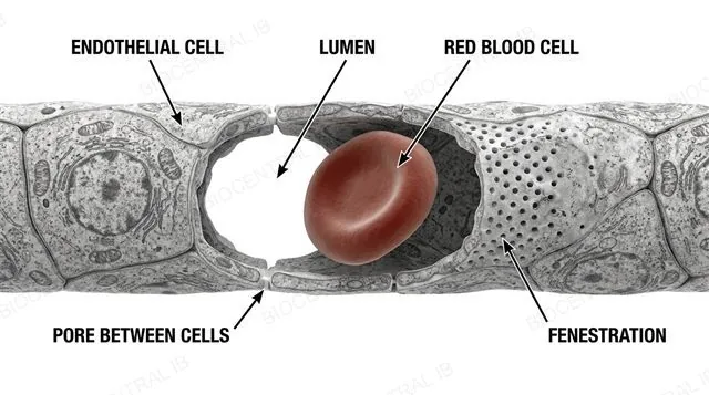 A capillary cross-section with a single layer of endothelial cells, a narrow lumen with a red blood cell passing through in single file, small pores between adjacent endothelial cells, and a fenestration in one region, labeled
