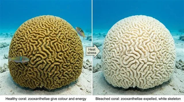 The same coral colony twice: on the left healthy, brown and colourful with zooxanthellae in its tissue; on the right bleached white after heat stress, with the algae expelled