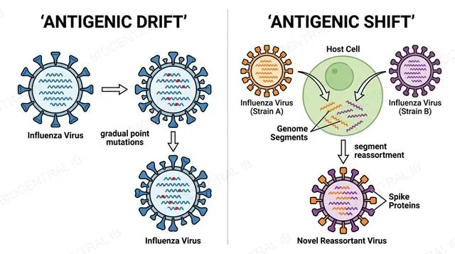 Comparison of antigenic drift, gradual point mutations, and antigenic shift, an abrupt swap of whole genome segments between two co-infecting strains