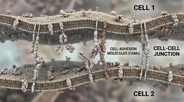 Two cells joined by matching cell-adhesion molecules forming a cell-cell junction, labeled