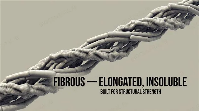 An elongated, strand-like fibrous protein such as collagen's triple helix, with its structural role labeled